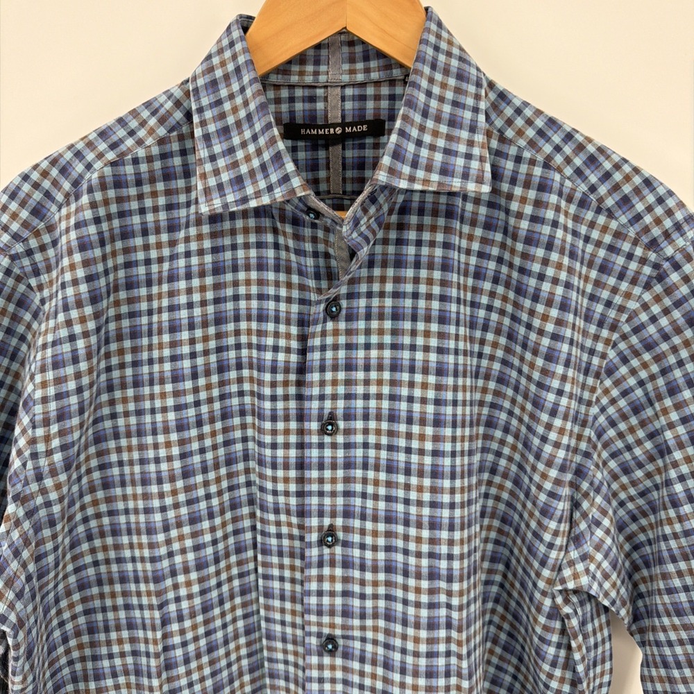 Hammer Made Cotton Button Up Shirt 16.5/42 Blue Plaid Check Italian Fabric Italy
